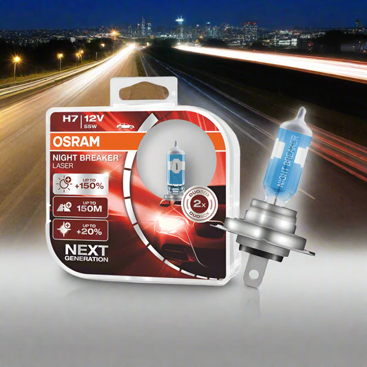OSRAM H7 car bulb packaging with bulb and packaging on a white background