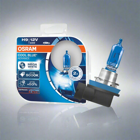 OSRAM H9 car bulb packaging with blue bulb on a white background