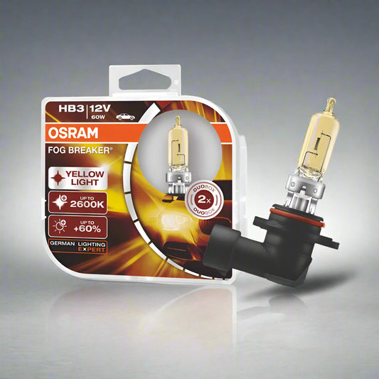 OSRAM fog light bulb packaging with a yellow light bulb on a white background