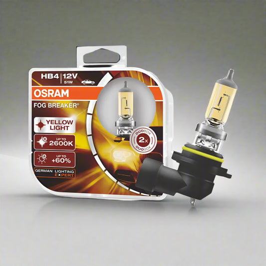 OSRAM fog light bulb packaging with a yellow light bulb on a white background