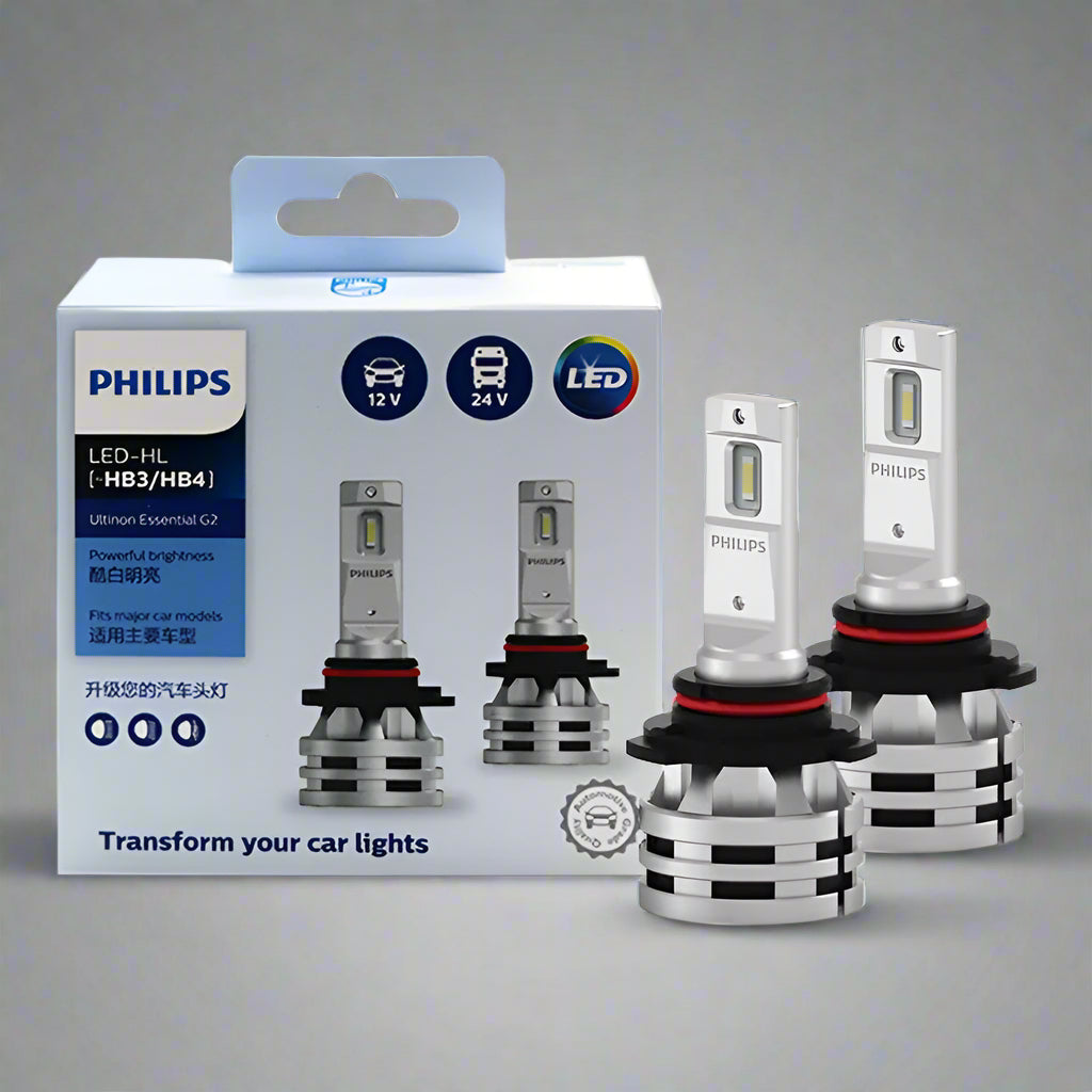 Philips LED car light bulbs with packaging on a white background
