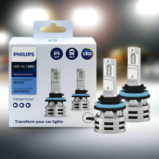 Philips LED car light bulbs with packaging on a white background