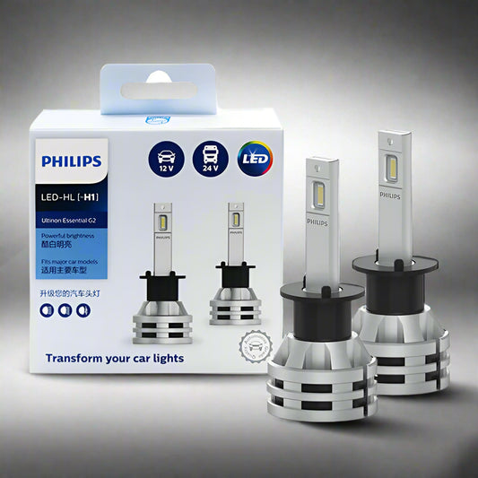 Philips LED car light bulbs with packaging on a white background