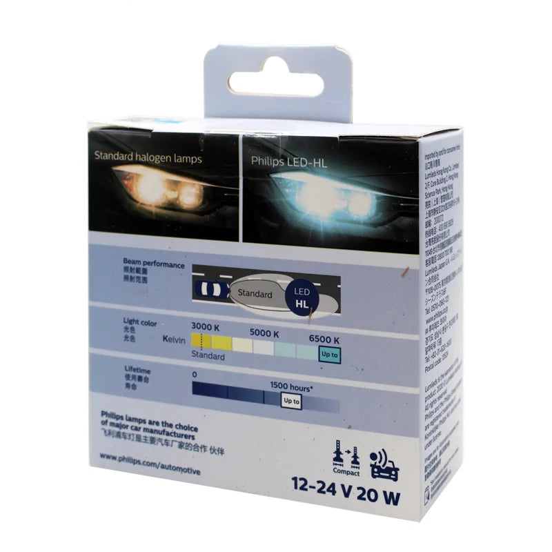 Philips LED-HL light bulb packaging on a white background
