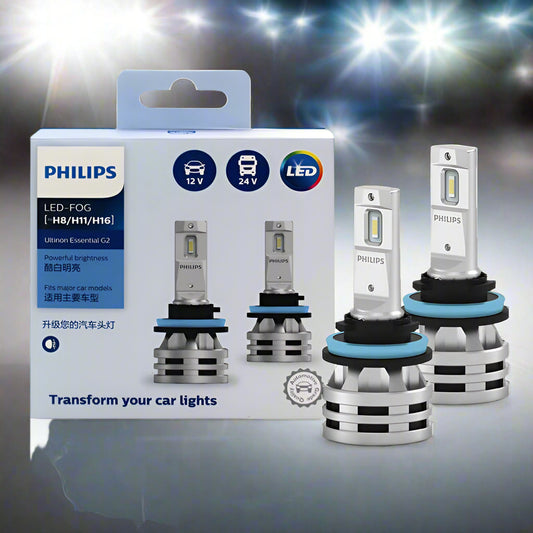 Philips LED fog light bulbs with packaging on a white background