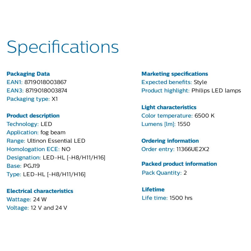 Specifications of a Philips LED lamp on a white background