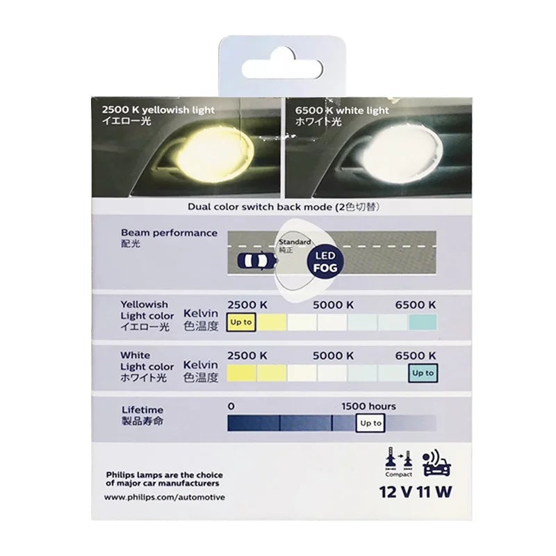 Philips automotive light bulb packaging with specifications and color temperature options.