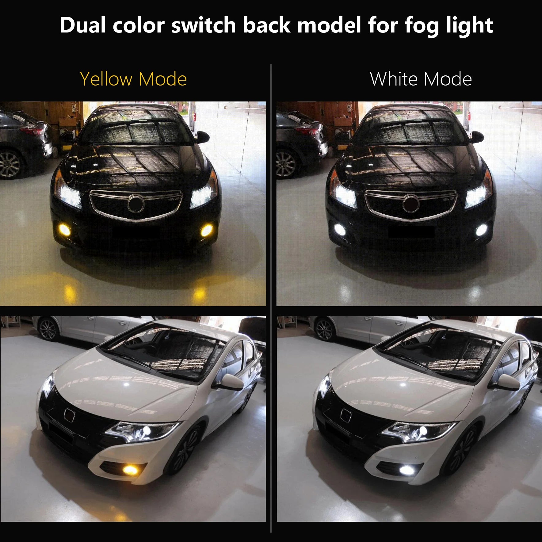 Comparison of a car's fog lights in yellow and white modes on a reflective surface.