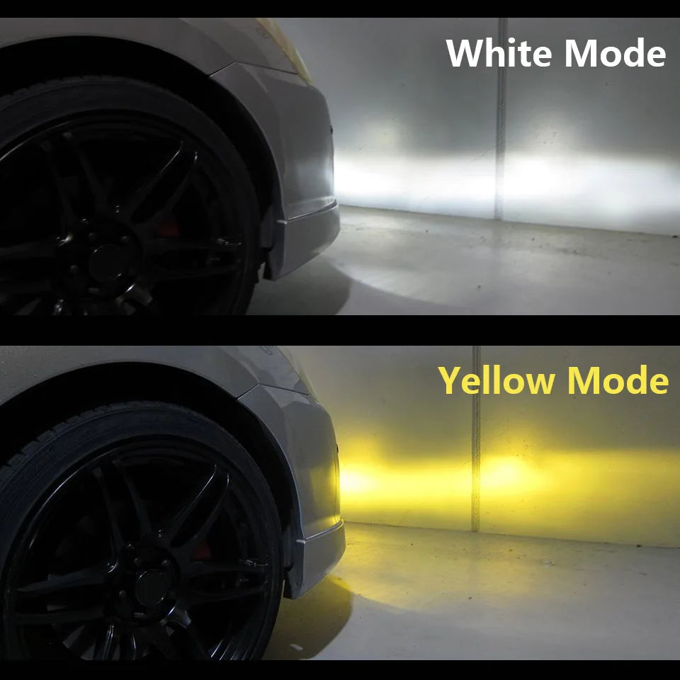 Comparison of car headlights in white and yellow modes on a dark background.