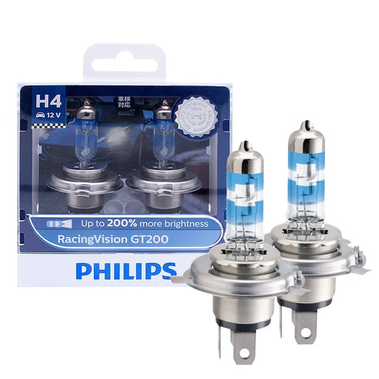 Philips H4 car light bulbs with packaging on a white background