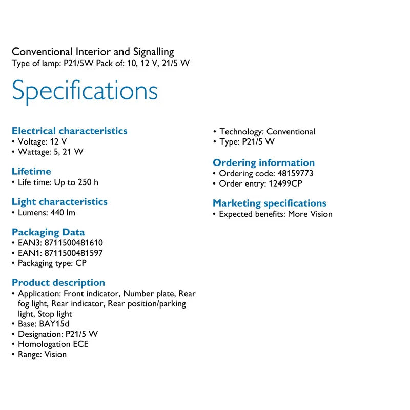 Technical specifications of a conventional interior and signalling lamp on a white background