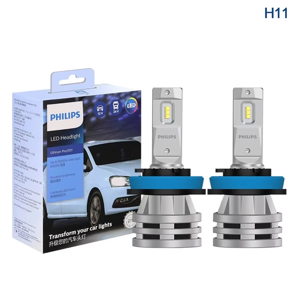 Philips LED car headlight bulbs with packaging on a white background