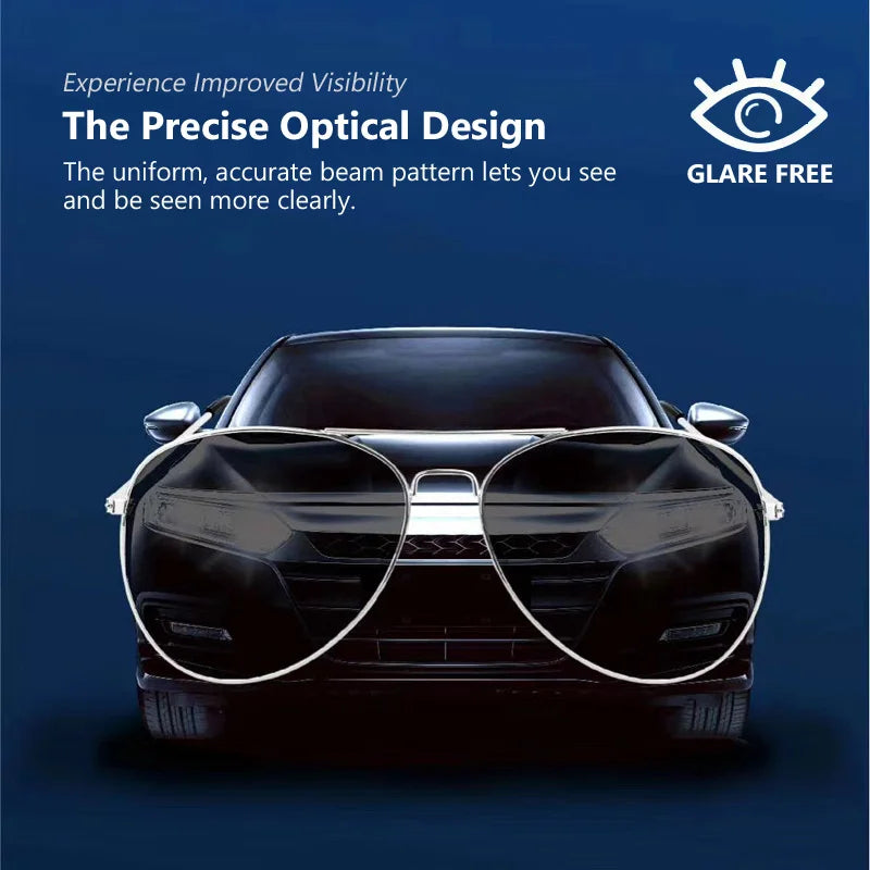 Sunglasses with car design on a blue background, featuring text about improved visibility and glare-free technology.