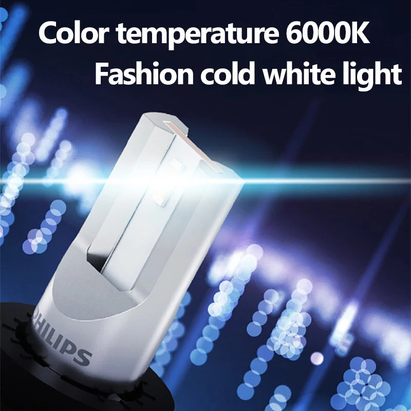 Philips light bulb with 'Color temperature 6000K Fashion cold white light' text on a dark background.