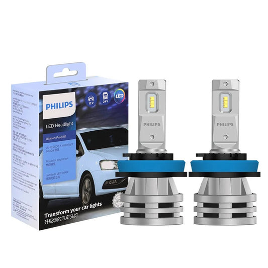 Philips LED headlight bulbs with packaging on a white background