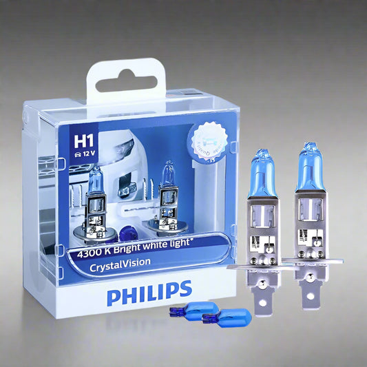 Philips H1 car light bulb packaging with two bulbs displayed on a white background