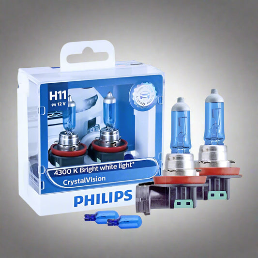Philips H11 car light bulb set with packaging on a white background