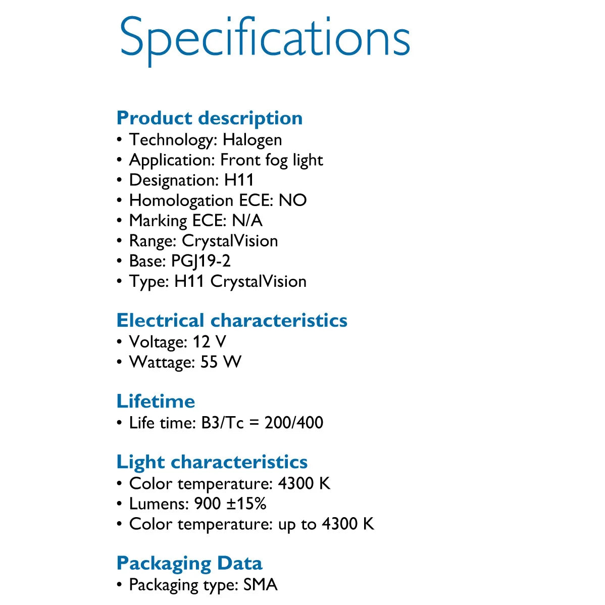 Specifications of a halogen fog light on a white background