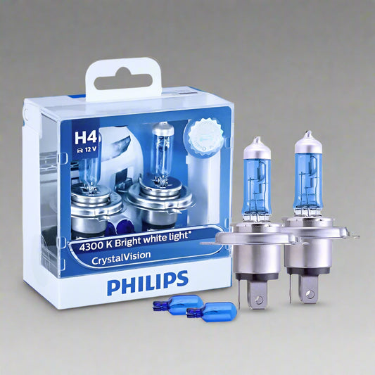 Philips H4 car light bulb packaging with two bulbs on a white background