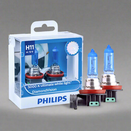 Philips H11 car light bulb packaging with two bulbs on a white background