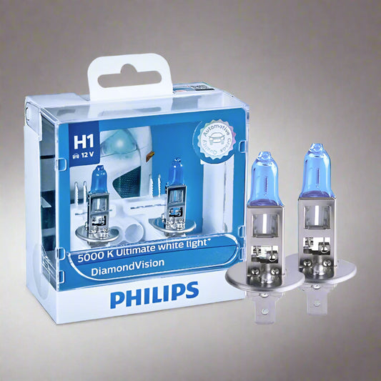 Philips H1 car light bulb packaging with two bulbs on a white background