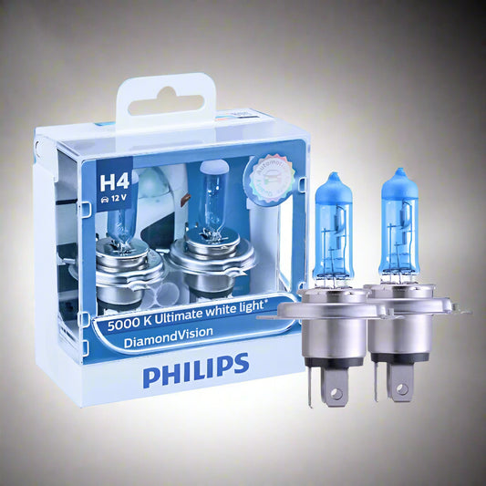 Philips H4 car light bulb packaging with bulbs displayed in front