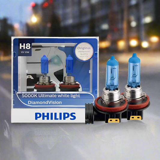 Philips H8 car bulb packaging with two bulbs on a white background
