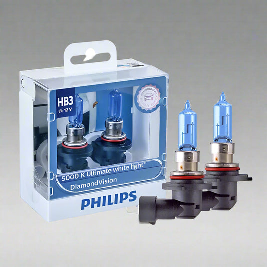 Philips car bulb packaging with two bulbs displayed in front on a white background