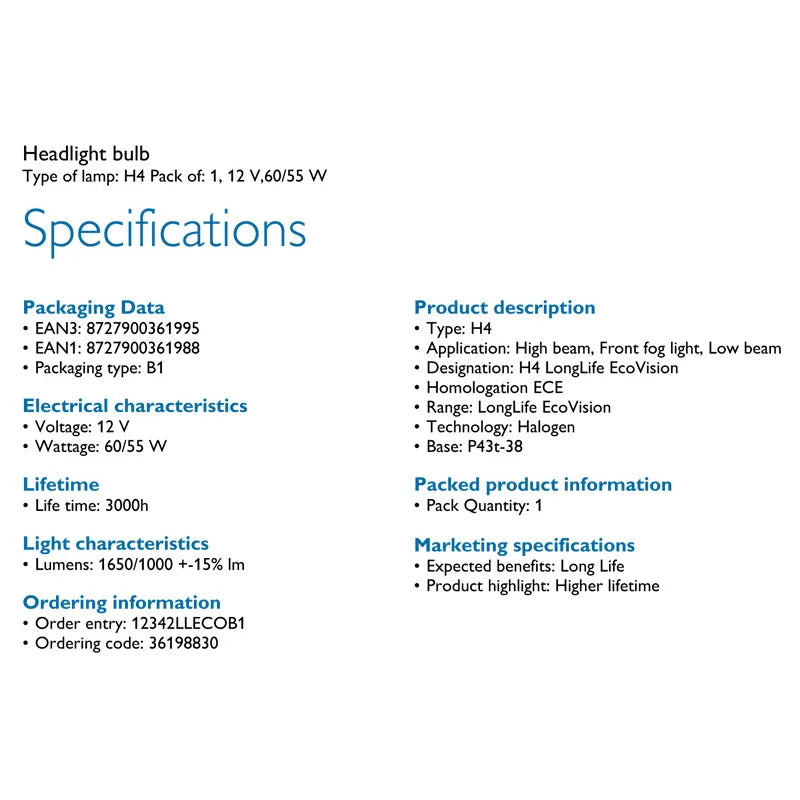 Technical specifications of a H4 headlight bulb on a white background