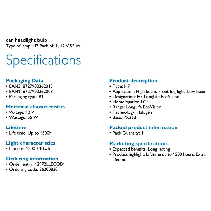 Technical specifications of a car headlight bulb on a white background