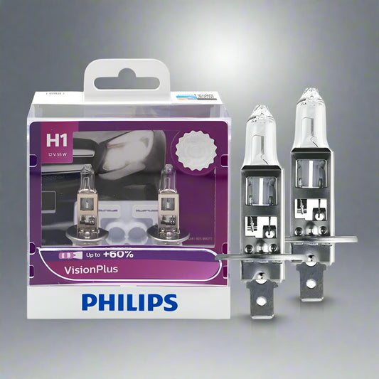 Philips H1 VisionPlus car light bulbs with packaging on a white background