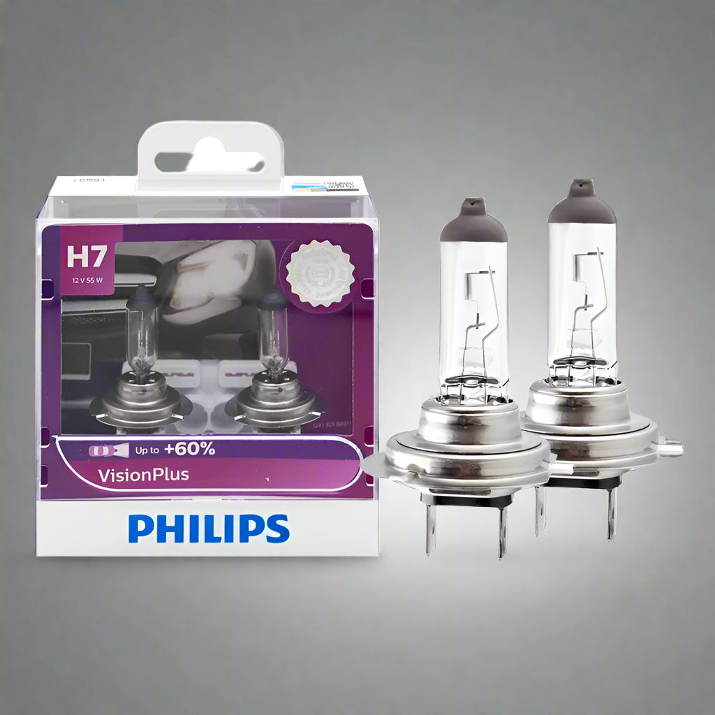 Philips H7VisionPlus car light bulbs with packaging on a white background