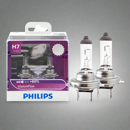 Philips H7VisionPlus car light bulbs with packaging on a white background