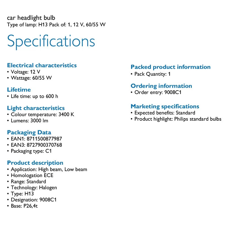Specifications sheet for a car headlight bulb on a white background