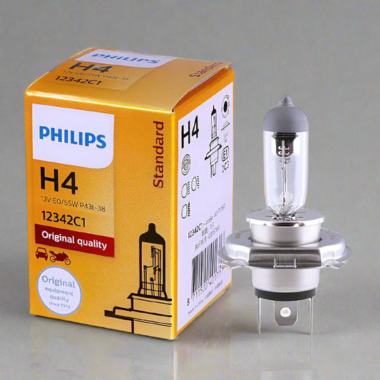 Philips H4 bulb packaging with bulb on a white background