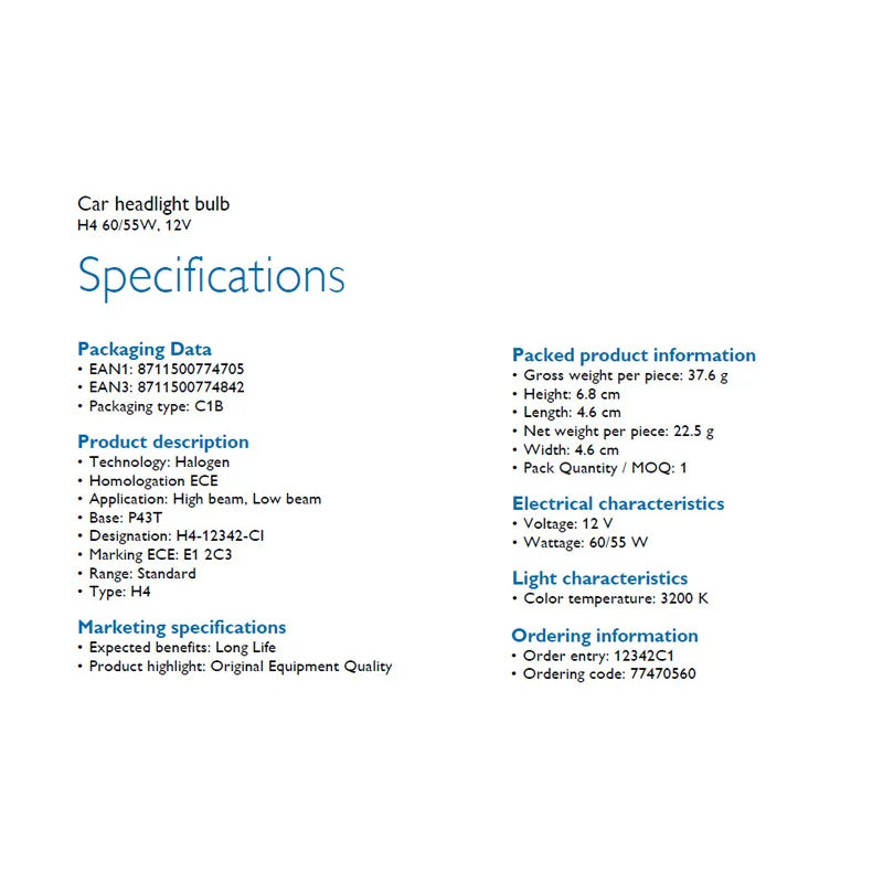Specifications of a car headlight bulb on a white background