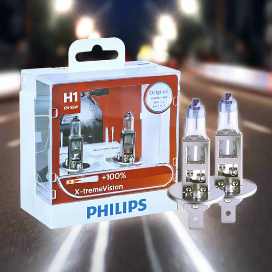 Philips H1 car bulb packaging with two bulbs on a blurred road background