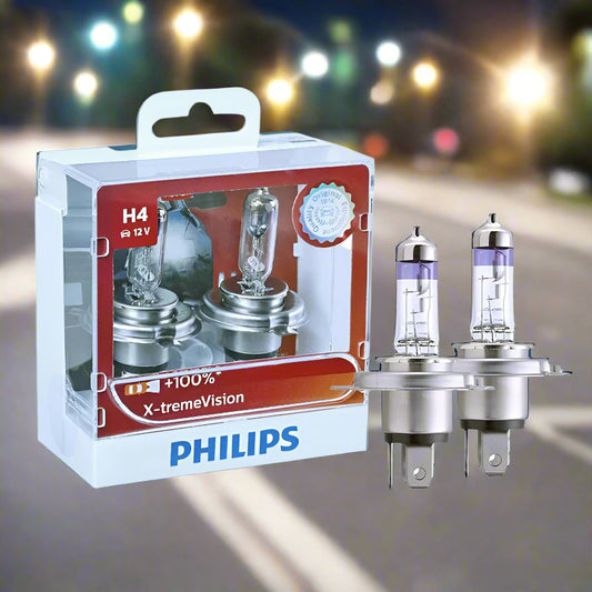 Philips H4 car light bulb packaging with two bulbs on a white background