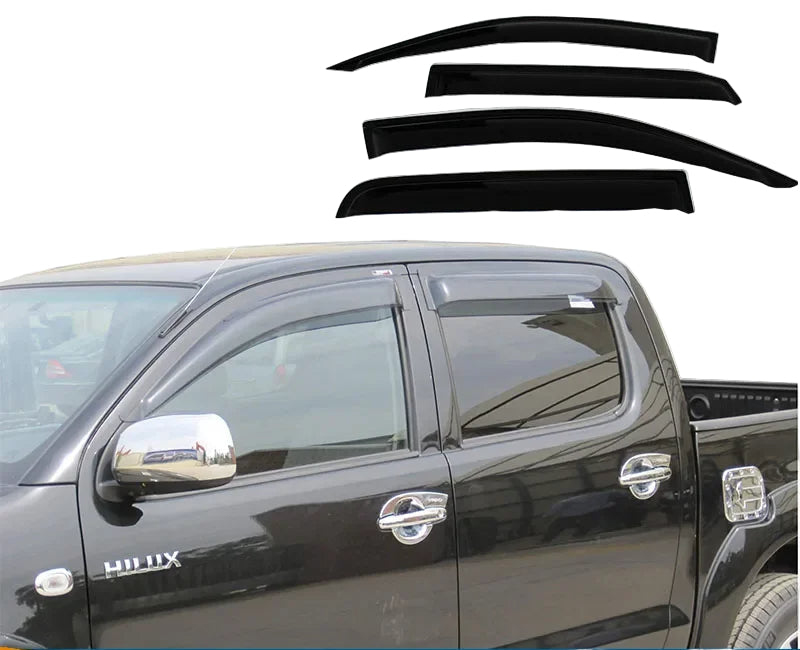 Window visors for Toyota Hilux Vigo with product name and model details on a black vehicle background.