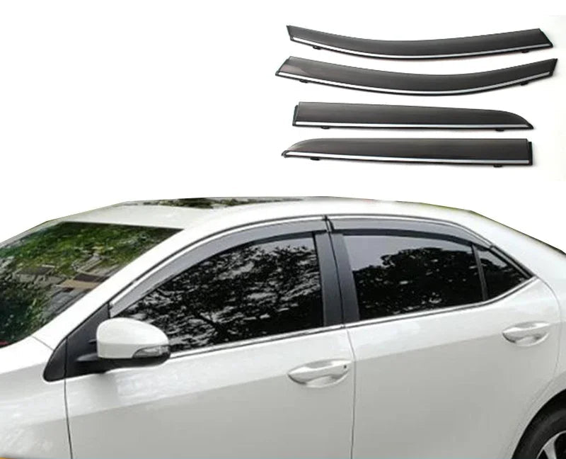 Car window deflectors on a white car with a blurred background