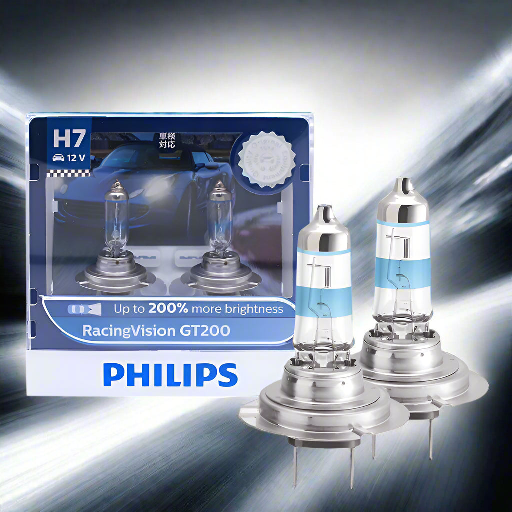 Philips H7 car headlight bulbs with packaging on a white background