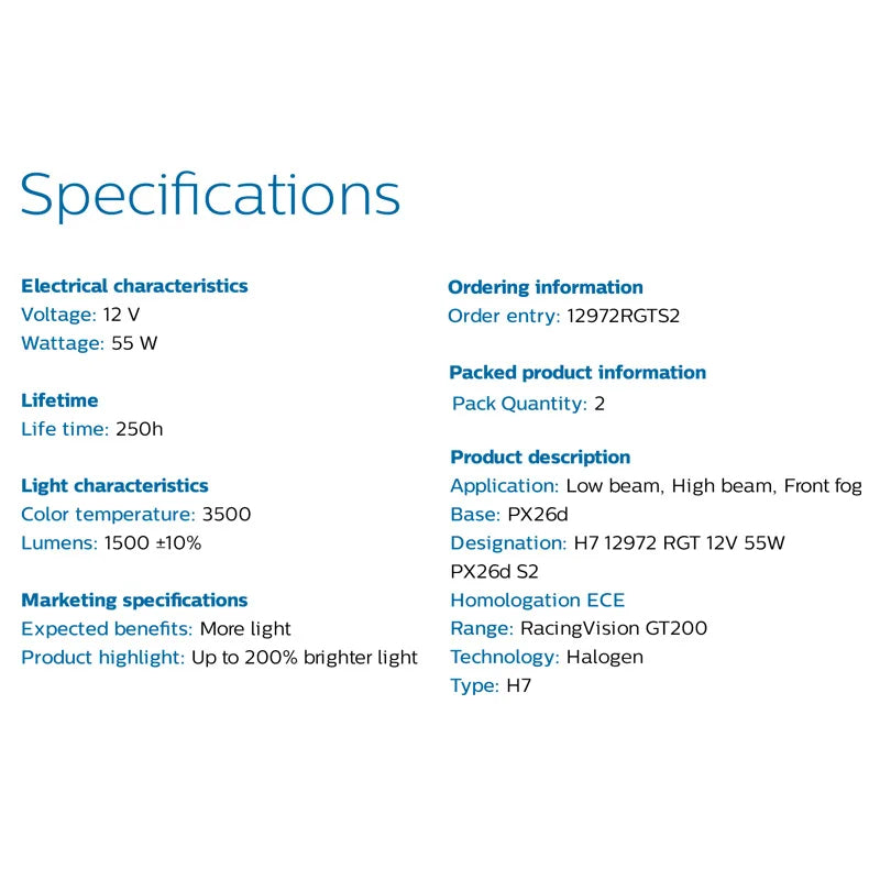Product specifications table on a white background