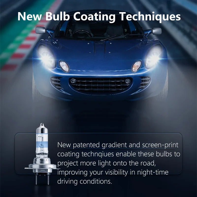 Car with illuminated headlights and a bulb, promoting new bulb coating techniques.